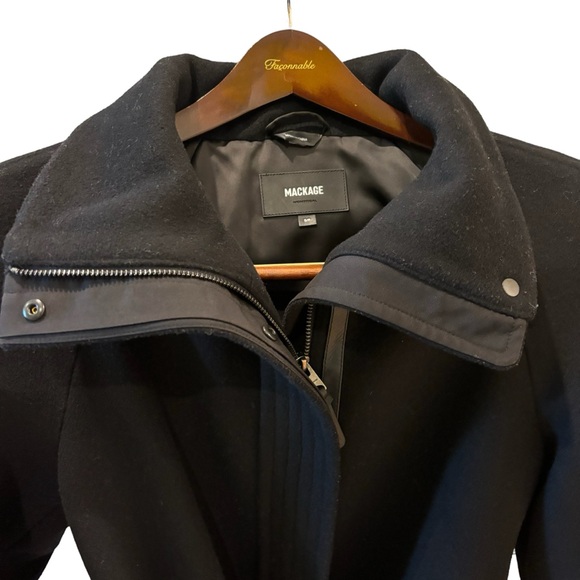Mackage Black Wool Zipped Jacket with Leather Trim & belt, Size S/P Barely worn - Picture 8 of 10